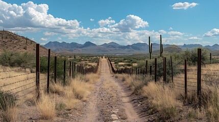 Obraz premium A dirt path leads through a desert landscape with mountains and cacti under a blue sky with scattered clouds.