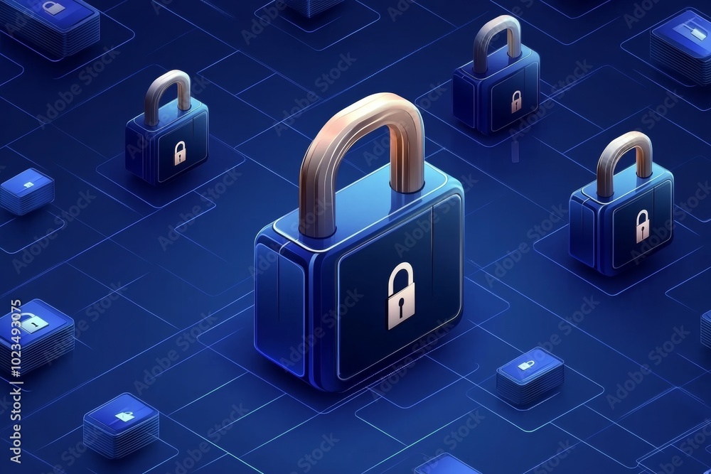 Poster isometric design of security padlocks and computers on blue background