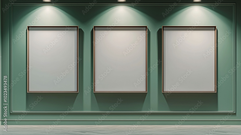 Poster minimalist art gallery featuring three blank frames on green wall, illuminated by soft lighting, cre