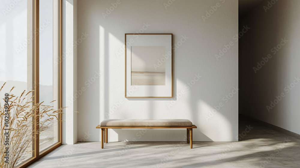 Poster minimalist entryway featuring clean lines and simple bench, complemented by natural light streaming 