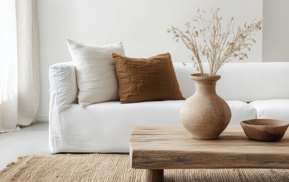 Boho-chic living room with a rustic wooden coffee table holding a unique clay vase, positioned next to a white sofa with soft, neutral brown pillows. 