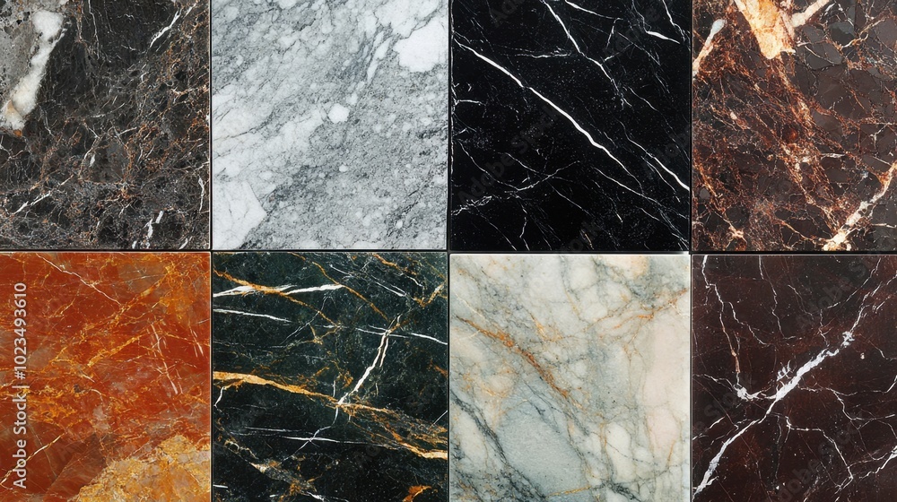 Poster smooth marble tiles in a variety of patterns and colors, reflecting light and displaying their uniqu