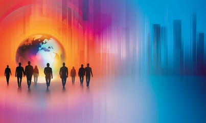 Naklejka premium Silhouette of People Walking Around the Globe Representing Global Collaboration and Progress
