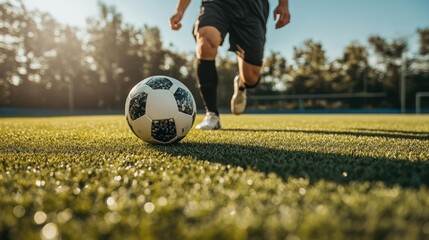 Fototapeta premium Close-up of Soccer Ball on Artificial Grass with Blurred Player in Background