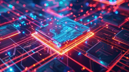 Futuristic Digital Circuit Board with Neon Lights