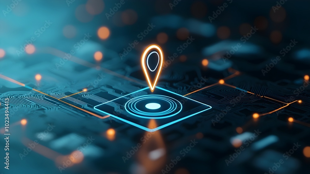 Poster neon-lit travel map with glowing pin - interconnected routes and digital landmarks in an ai-powered 