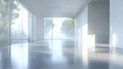 Modern Interior Design 3D Illustration: White Room with Large Windows and Reflected Light