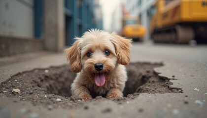 Playful stray dog emerges from hole in busy city street on sunny day