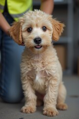 Curious stray dog with fluffy coat receiving care in warm indoor shelter setting during daytime