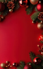 Creative Christmas frame on a red background with festive ornaments