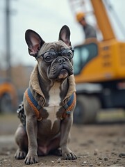 French Bulldog wearing glasses sits attentively on construction site with machinery in background