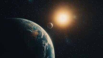 Fototapeta premium The Earth, Moon, and Sun create a mesmerizing celestial trio in the boundless, starry expanse of space