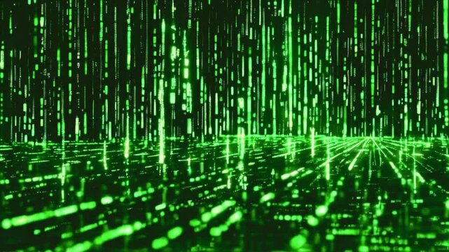 A digital landscape featuring cascading green code, reminiscent of virtual reality themes.