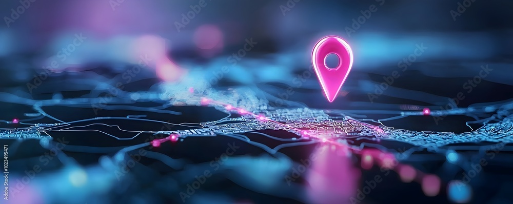 Poster high-tech interactive map with glowing landmark pin - explore a vibrant digital world of tech-driven