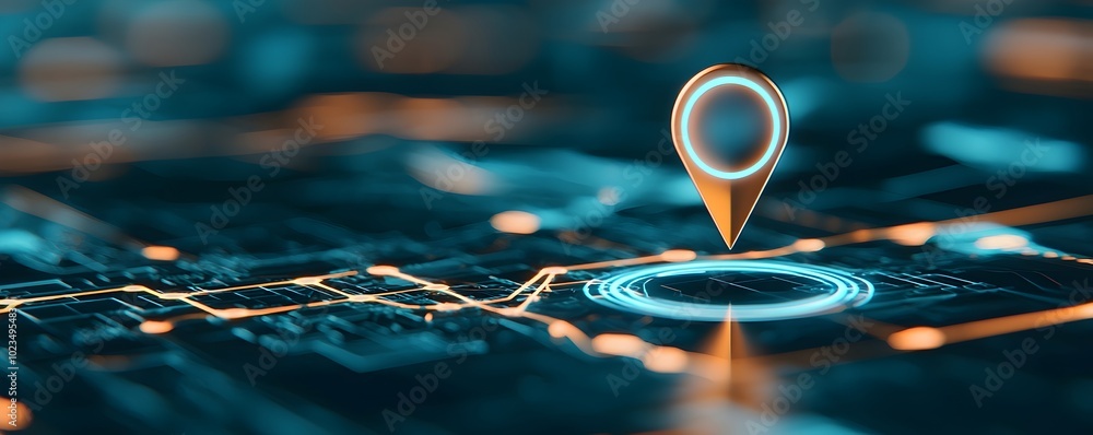 Poster high-tech interactive map with glowing landmark pin - vibrant digital exploration in a tech-driven w