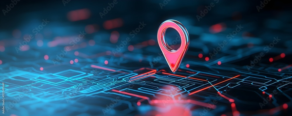 Poster advanced satellite navigation map with glowing pin - high-tech digital terrain and vibrant landscape