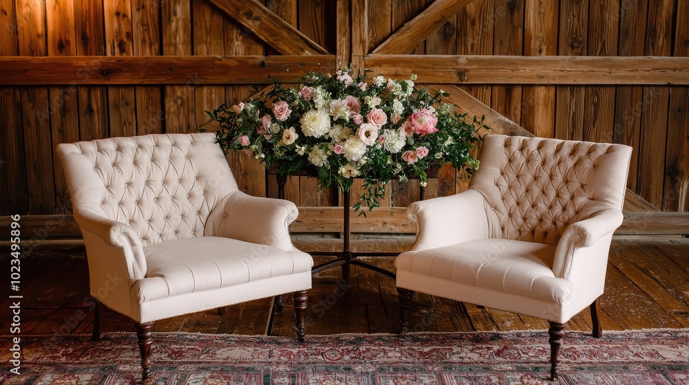 Wall mural elegant seating arrangement with floral centerpiece in rustic setting.