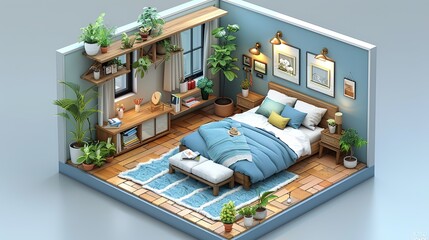 Isometric view bed room open inside interior architecture 3d rendering digital art