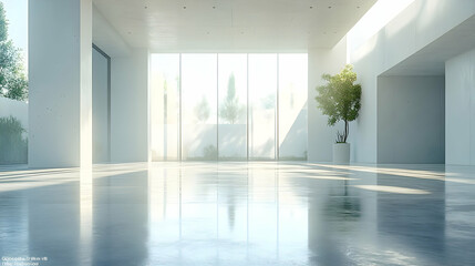 Modern Minimalist Interior Design with Large Windows and Shiny Floor 3D Illustration
