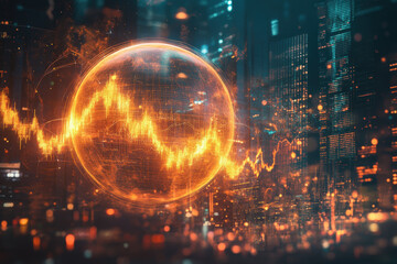 Obraz premium Neon Financial Graph on Cityscape. Dynamic neon financial graph displaying market data overlaying a bustling cityscape, highlighting modern technology and urban atmosphere. 