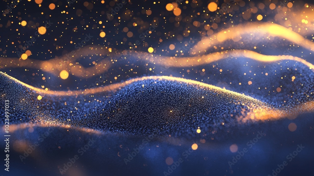 Leinwandbilder Motion of abstract particles in blue and gold with a dynamic flow and wind blowing effect