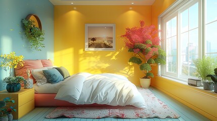 Isometric view bed room open inside interior architecture 3d rendering digital art