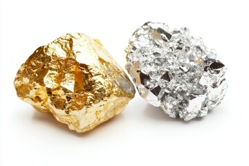 Symbolic of luxury, wealth, and precious metal investment, a pile of gold nuggets representing various shades of gold on a white background