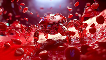 Concept of medical futurism technological nanorobots in the blood artery in the blood flow and antibodies and leukocytes produce medical procedures