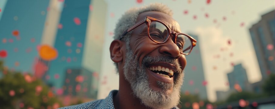 Elderly black man celebrating retirement day with joy and laughter in city amidst colorful confetti and beautiful skyline