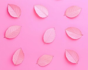 Obraz premium Delicate pink leaves arranged on a vibrant pink background, showcasing natural beauty in a minimalist style.