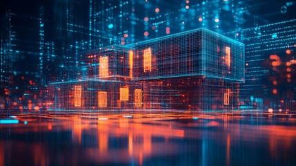 Obraz premium A futuristic city with buildings made of glowing lines and data.