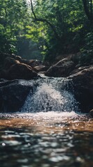 Peaceful Waterfall in Lush Forest with Sunlit Sparkling Water