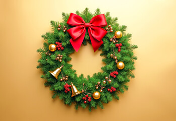 Christmas wreath made of fir branches on a golden background