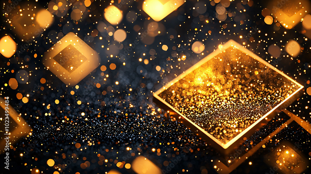 Poster stunning abstract composition featuring golden geometric shapes and shimmering particles, creating s