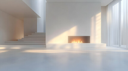 Modern Minimalist Living Room Interior Design with Fireplace and Stairs 3D Illustration