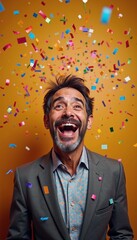 Adult white man celebrates his lottery win with joyful laughter as colorful confetti rains down in festive atmosphere