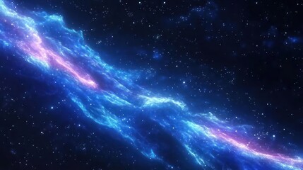A vibrant depiction of cosmic space featuring swirling blue and pink nebulae.