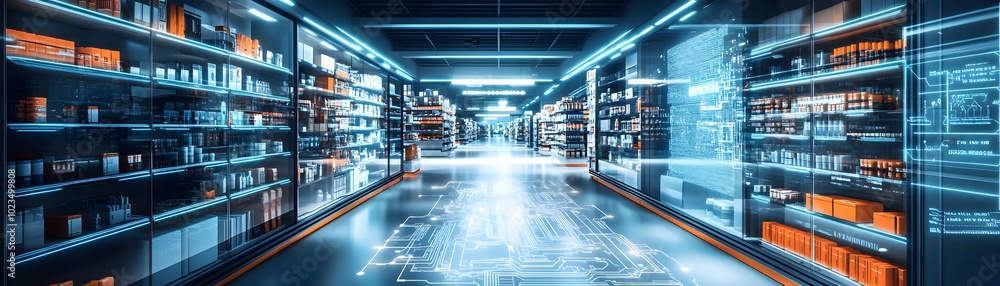 Poster retail store layout as a circuit board: isolated vector illustration of a tech-integrated retail des