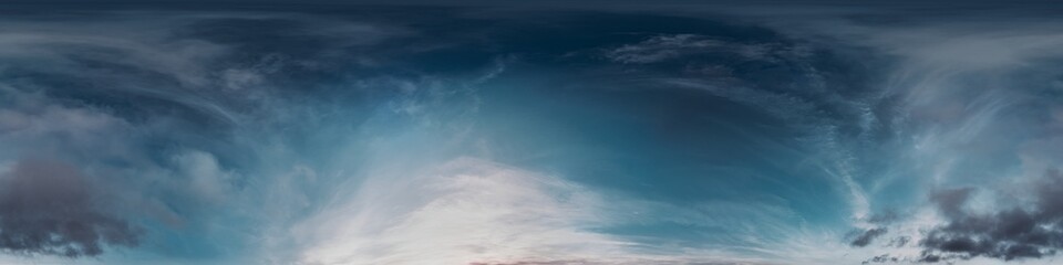 Obraz premium Sunset sky with bright glowing pink Cumulus clouds. Seamless spherical HDR 360 panorama. Full zenith or sky dome in 3D, sky replacement for aerial drone panoramas. Climate and weather change.