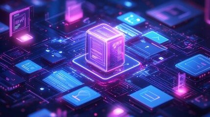 A glowing server with neon lights sits on a futuristic motherboard surrounded by various digital icons.