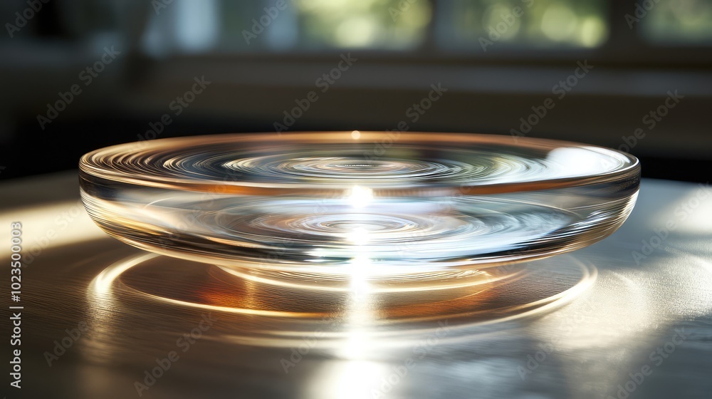 Poster a spinning glass disk, with light reflecting off its edges, creating circular patterns of motion blu