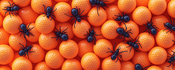 Huge Large Scary Black Spiders Crawl on a Pile of Bright Orange Golf Balls. Happy Halloween, Trick or Treat, Festive Decoration, Celebration, Party. Golf Course, Gear, Hobby Club, Sports Association
