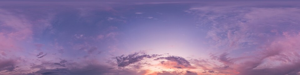 Sunset sky panorama with bright glowing pink Cumulus clouds. HDR 360 seamless spherical panorama. Full zenith or sky dome in 3D, sky replacement for aerial drone panoramas. Climate and weather change.