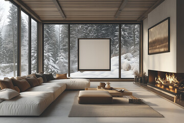 Nowoczesny salon z kominkiem i dużymi oknami z widokiem na zaśnieżony las. Pusta rama na ścianie i minimalistyczne meble tworzą zimowy, przytulny klimat.