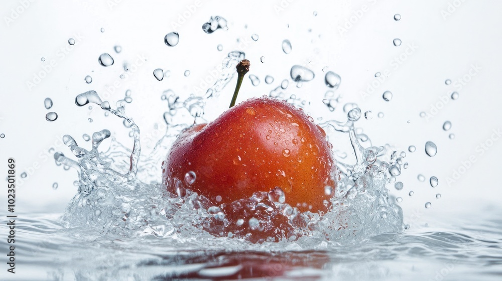 Poster red cherry splashing into water with water droplets