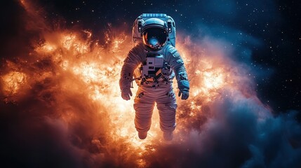 A vibrant astronaut floats amidst a cosmic explosion, surrounded by colorful gases and light, showcasing the beauty of space and adventure.