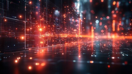 Obraz premium A vibrant, abstract digital landscape with bright glowing particles, representing technology, data, and futuristic themes.