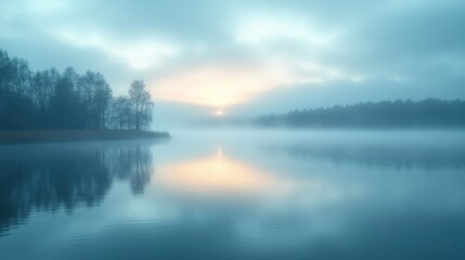 A serene lake scene at dawn, enveloped in mist, with soft hues reflecting off the water, surrounded by trees.