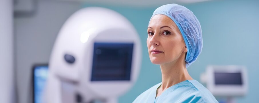 Medical professional wearing surgical attire and blue cap in a clinical environment.