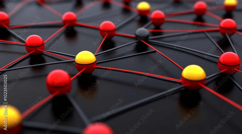 Aufkleber abstract network structure on black background with red and yellow dots and lines